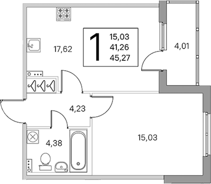 1-комнатная квартира 43.27 м², 1/4 эт., ЖК «Любоград в Стрельне»